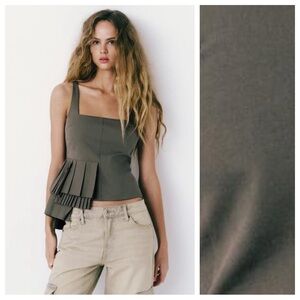 NWT. Zara Dark Khaki Ruffled Gabardine Asymmetric Top. Size L.